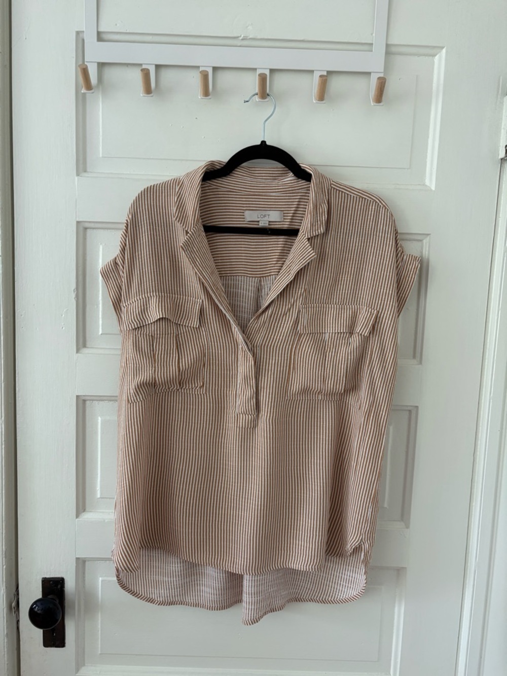 LOFT Beige and White Striped Short Sleeve Blouse